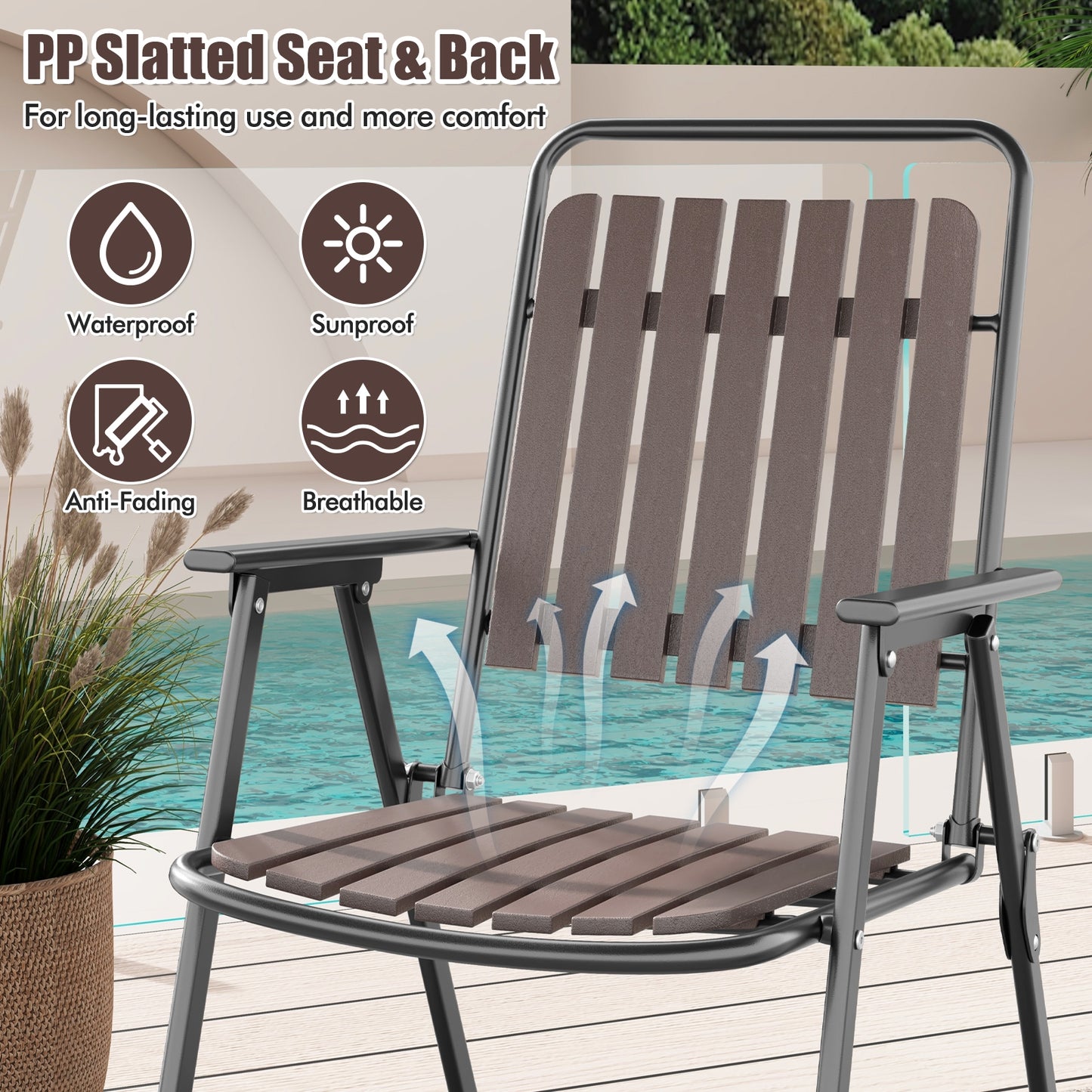 4 Pcs Patio Folding Chairs, PP Seat Back, 400 LBS Heavy Duty Metal Frame, Brown Patio Dining Chairs at Gallery Canada