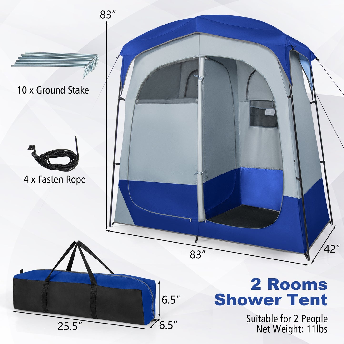 2 Rooms Oversize Privacy Shower Tent with Removable Rain Fly and Inside Pocket, Blue Tents at Gallery Canada
