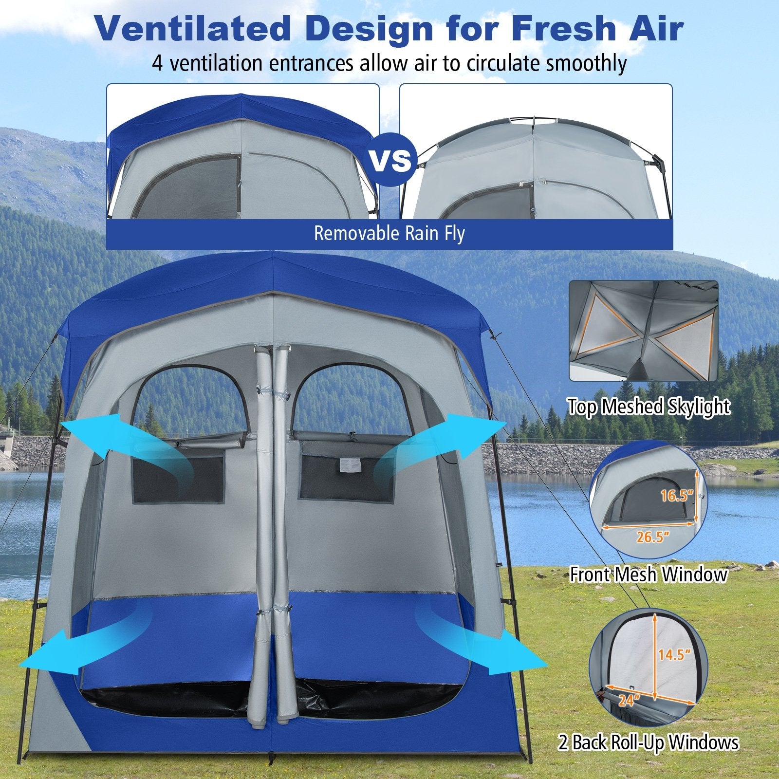 2 Rooms Oversize Privacy Shower Tent with Removable Rain Fly and Inside Pocket, Blue Tents at Gallery Canada