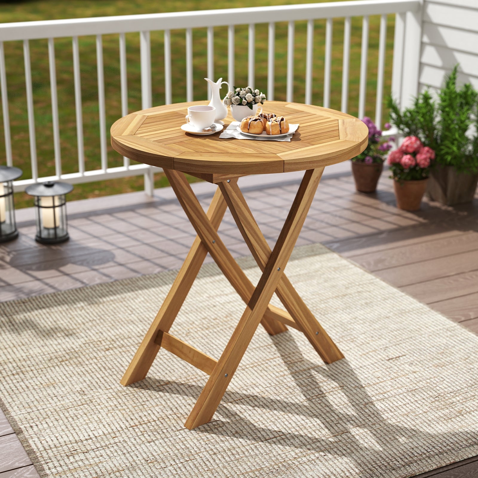 Patio Teak Wood Dining Table with Slatted Tabletop and Sturdy X-Shaped Frame Dining Tables at Gallery Canada