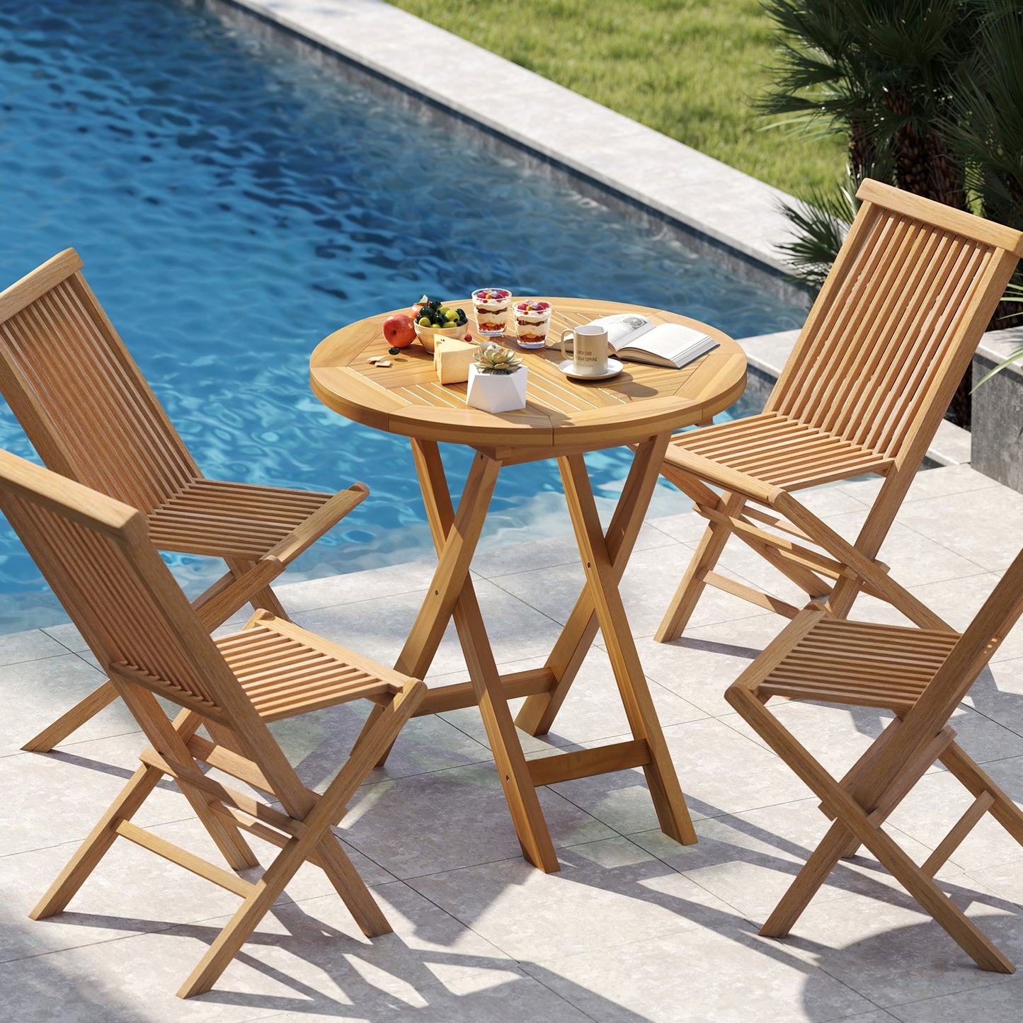 Patio Teak Wood Dining Table with Slatted Tabletop and Sturdy X-Shaped Frame Dining Tables at Gallery Canada