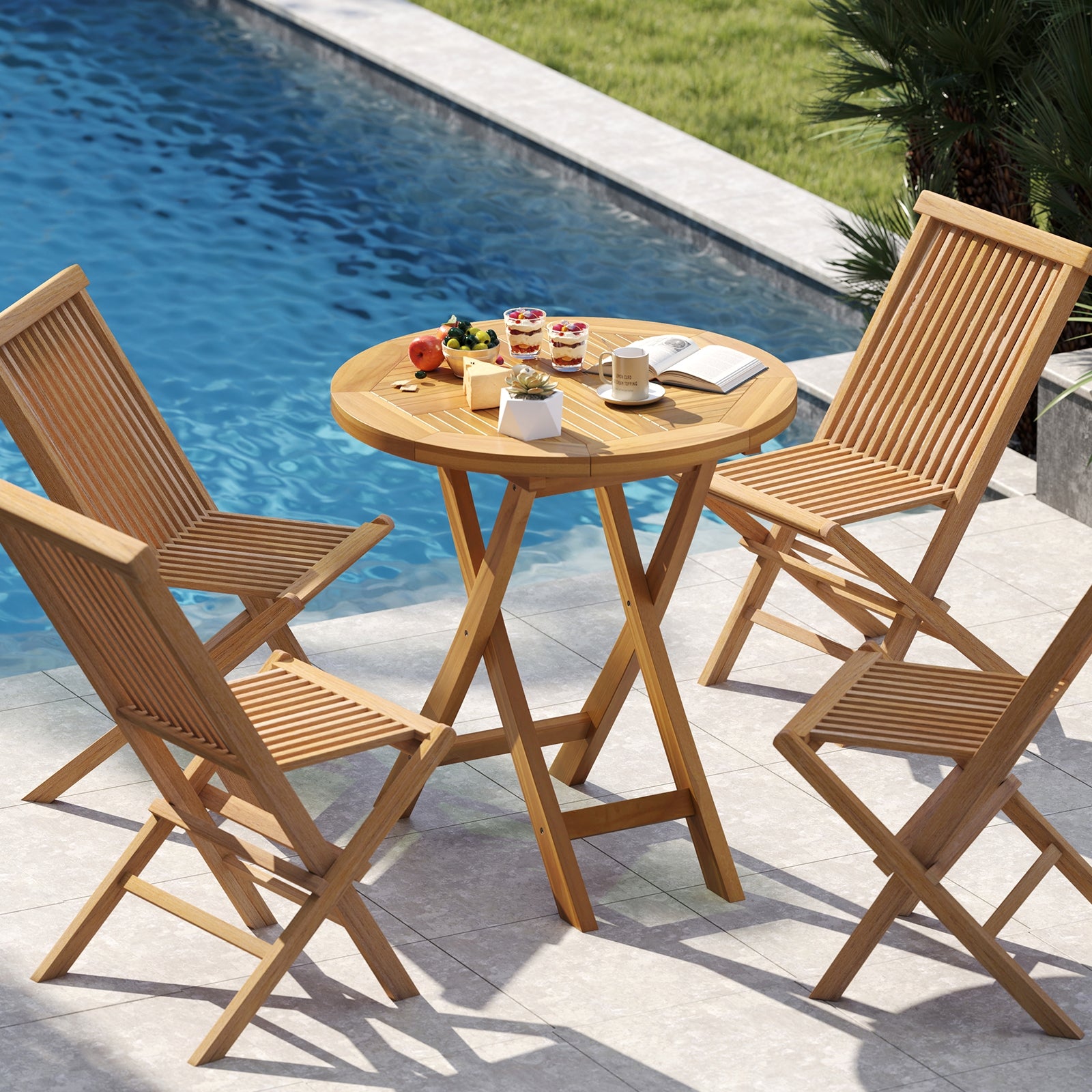 Patio Teak Wood Dining Table with Slatted Tabletop and Sturdy X-Shaped Frame Dining Tables at Gallery Canada