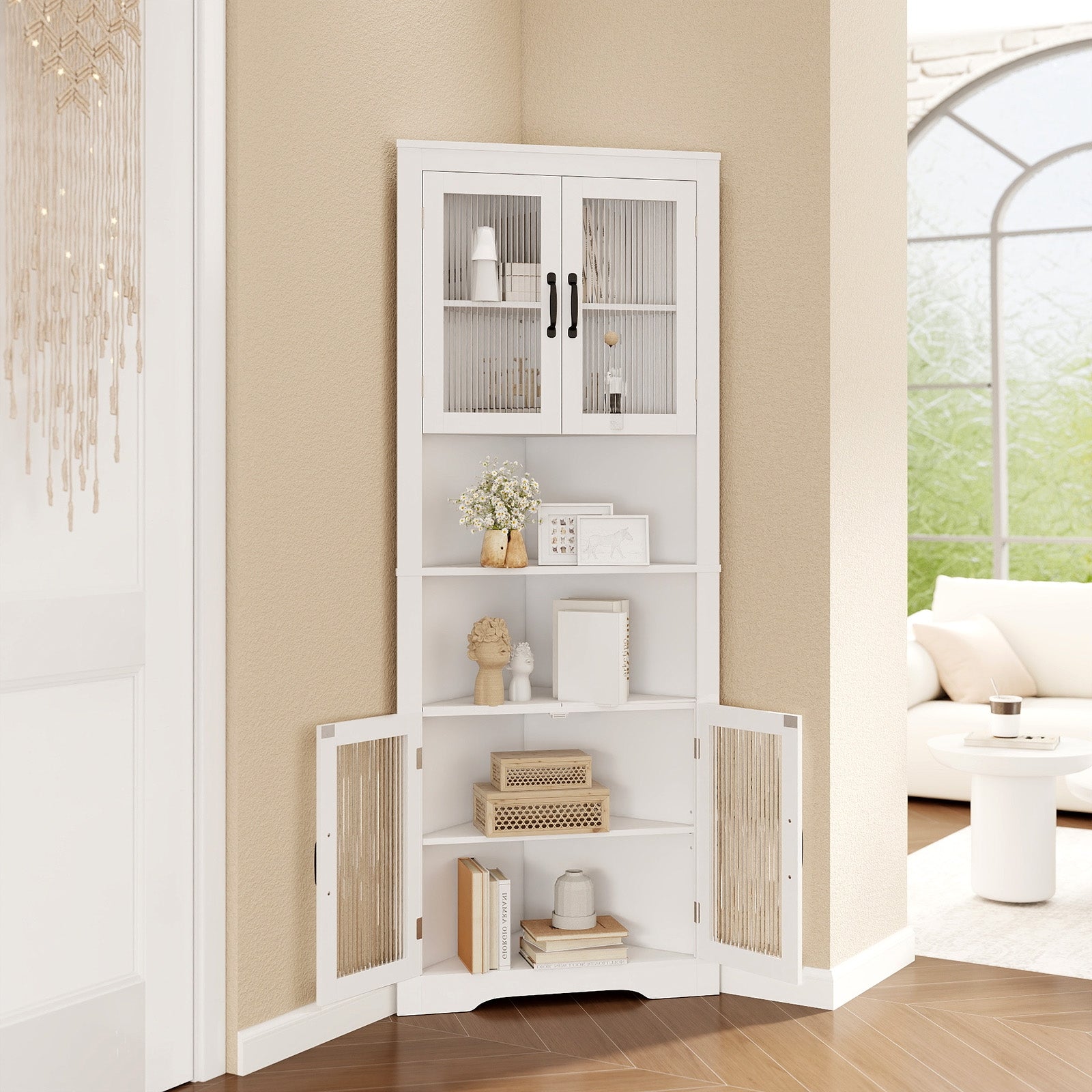 67 Inch Corner Cabinet, Tempered Glass Doors, White Sideboards Cabinets & Buffets at Gallery Canada