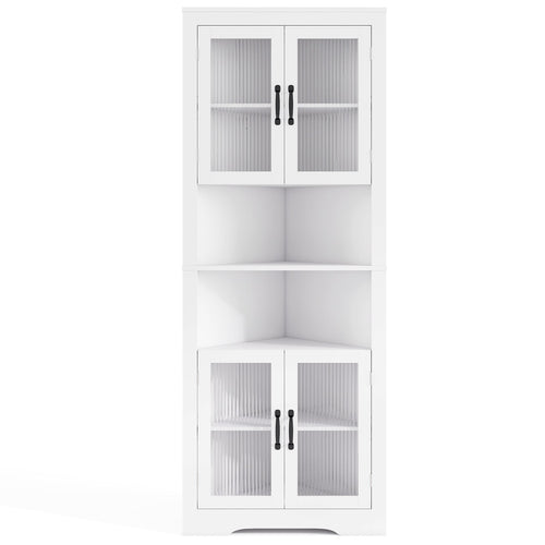 67 Inch Corner Cabinet, Tempered Glass Doors, White