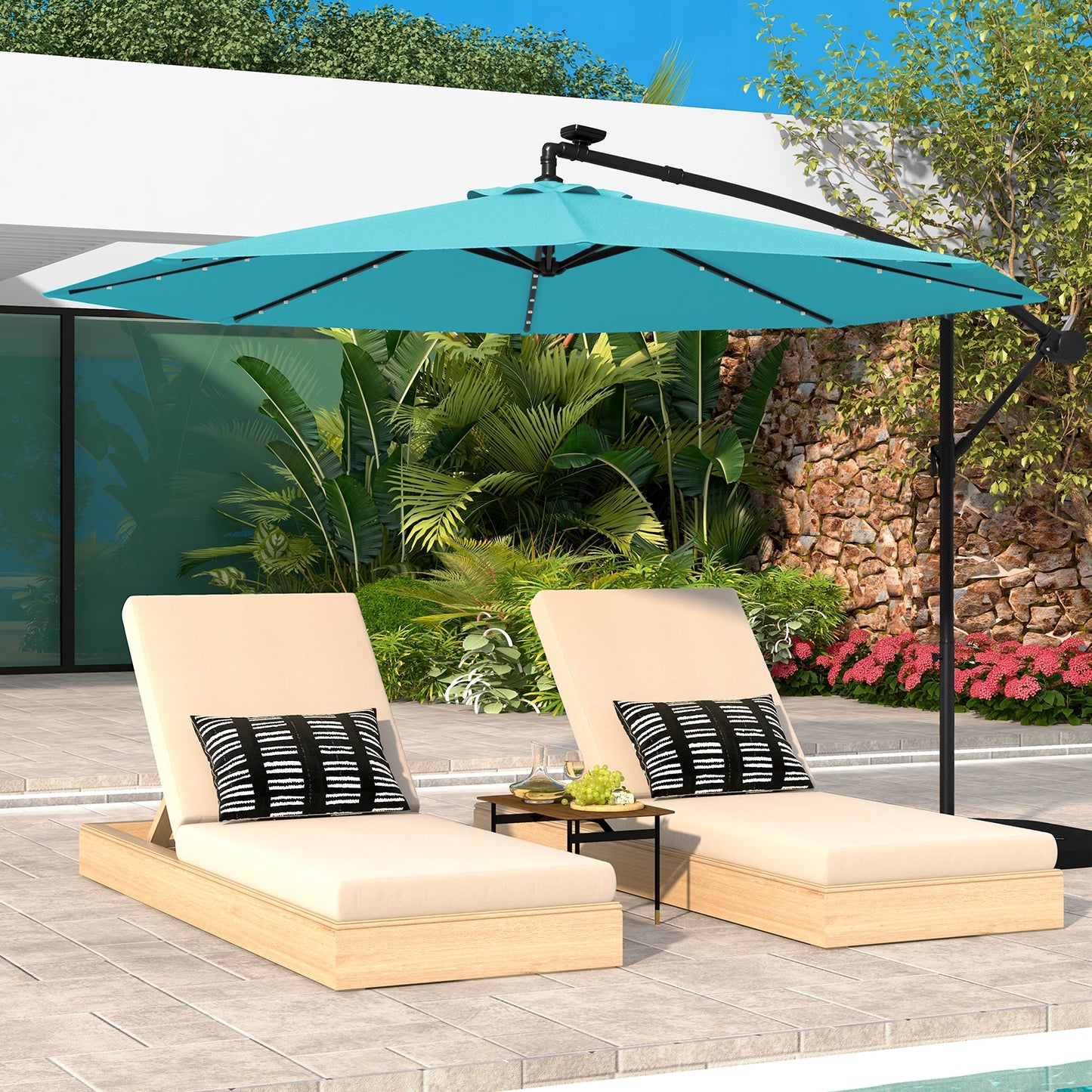10 Feet Solar LED Offset Umbrella with 40 Lights and Cross Base for Patio, Turquoise Outdoor Umbrellas at Gallery Canada