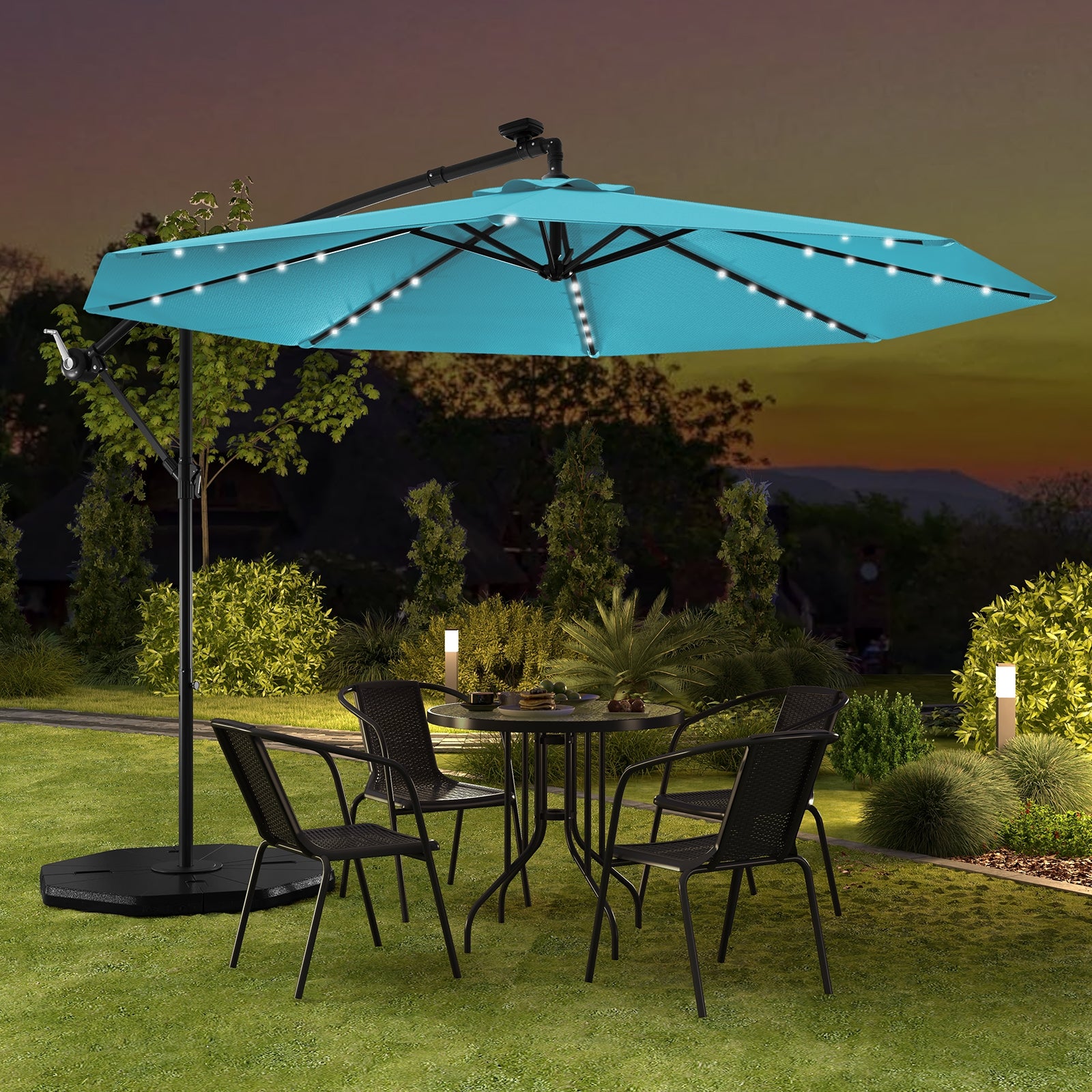 10 Feet Solar LED Offset Umbrella with 40 Lights and Cross Base for Patio, Turquoise Outdoor Umbrellas at Gallery Canada