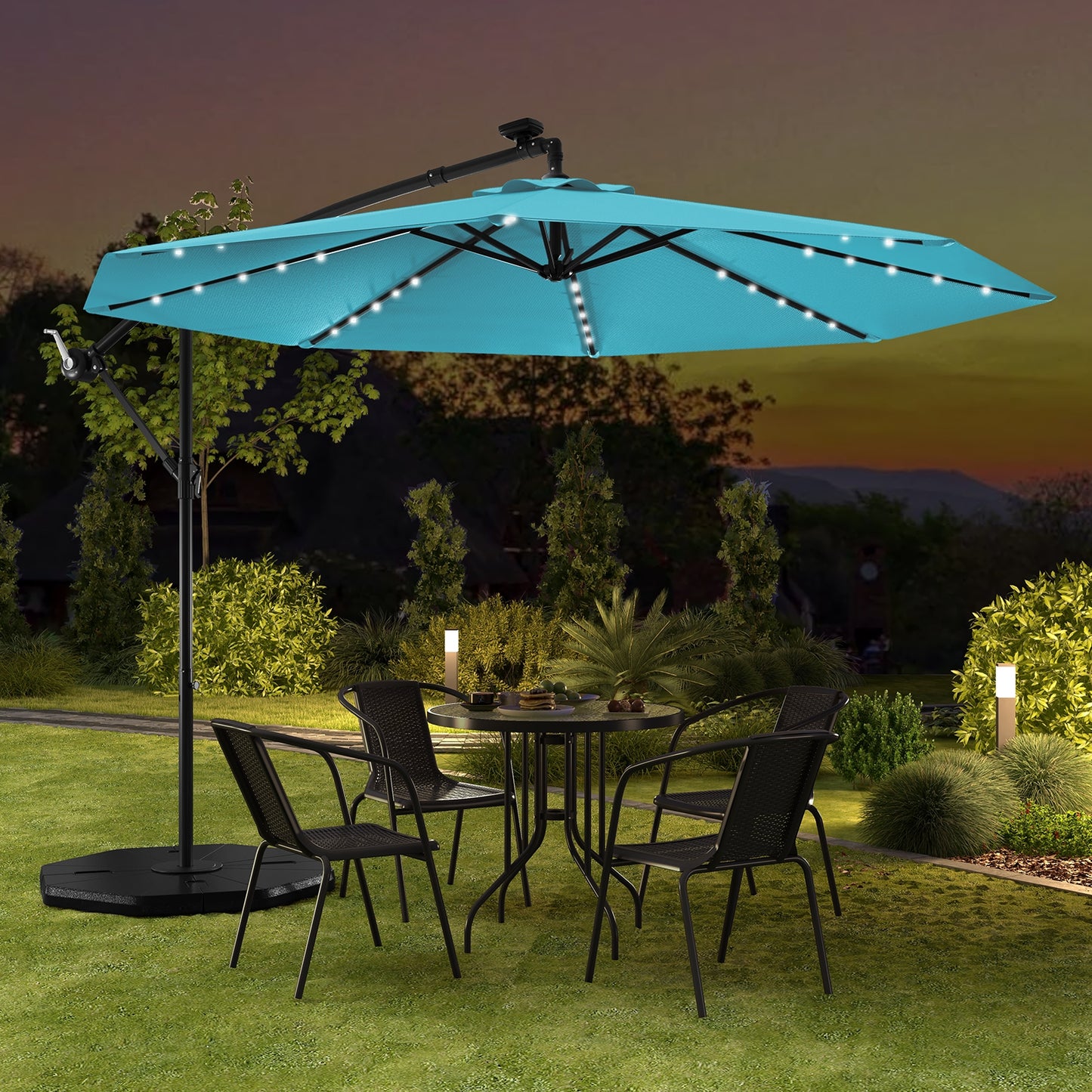 10 Feet Solar LED Offset Umbrella with 40 Lights and Cross Base for Patio, Turquoise Outdoor Umbrellas at Gallery Canada