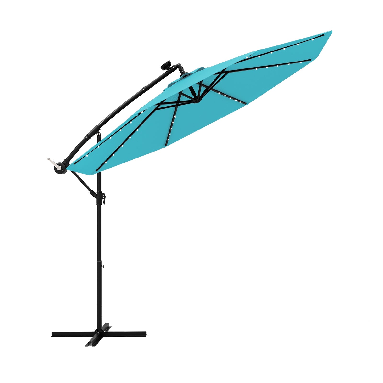 10 Feet Solar LED Offset Umbrella with 40 Lights and Cross Base for Patio, Turquoise Outdoor Umbrellas at Gallery Canada