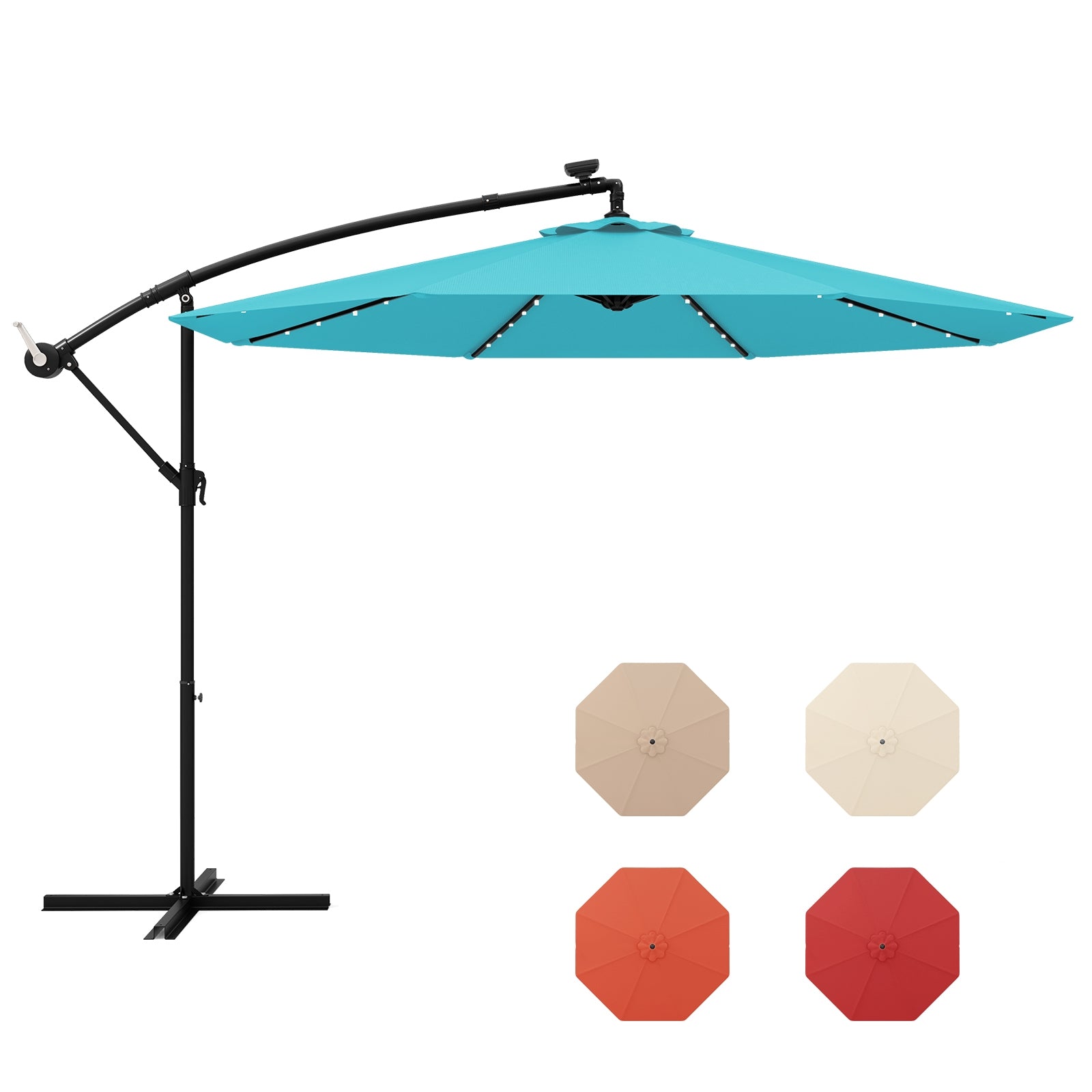 10 Feet Solar LED Offset Umbrella with 40 Lights and Cross Base for Patio, Turquoise Outdoor Umbrellas at Gallery Canada