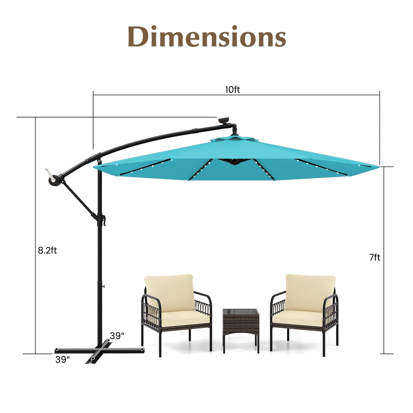 10 Feet Solar LED Offset Umbrella with 40 Lights and Cross Base for Patio, Turquoise Outdoor Umbrellas at Gallery Canada
