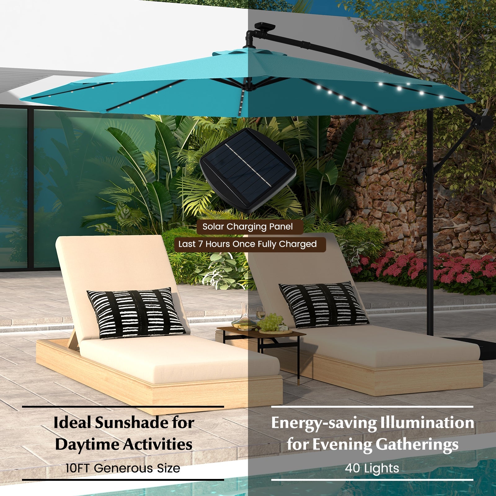 10 Feet Solar LED Offset Umbrella with 40 Lights and Cross Base for Patio, Turquoise Outdoor Umbrellas at Gallery Canada
