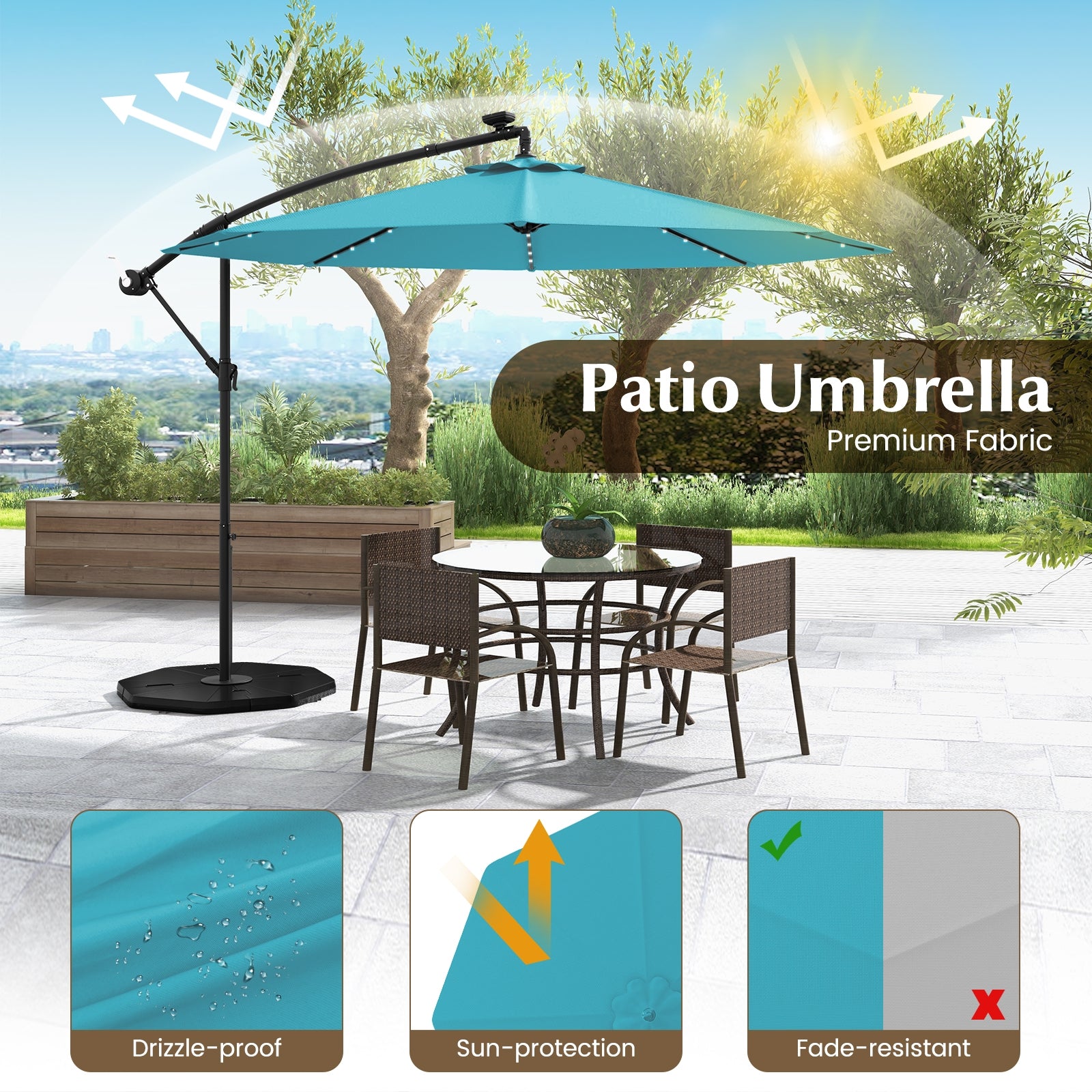 10 Feet Solar LED Offset Umbrella with 40 Lights and Cross Base for Patio, Turquoise Outdoor Umbrellas at Gallery Canada