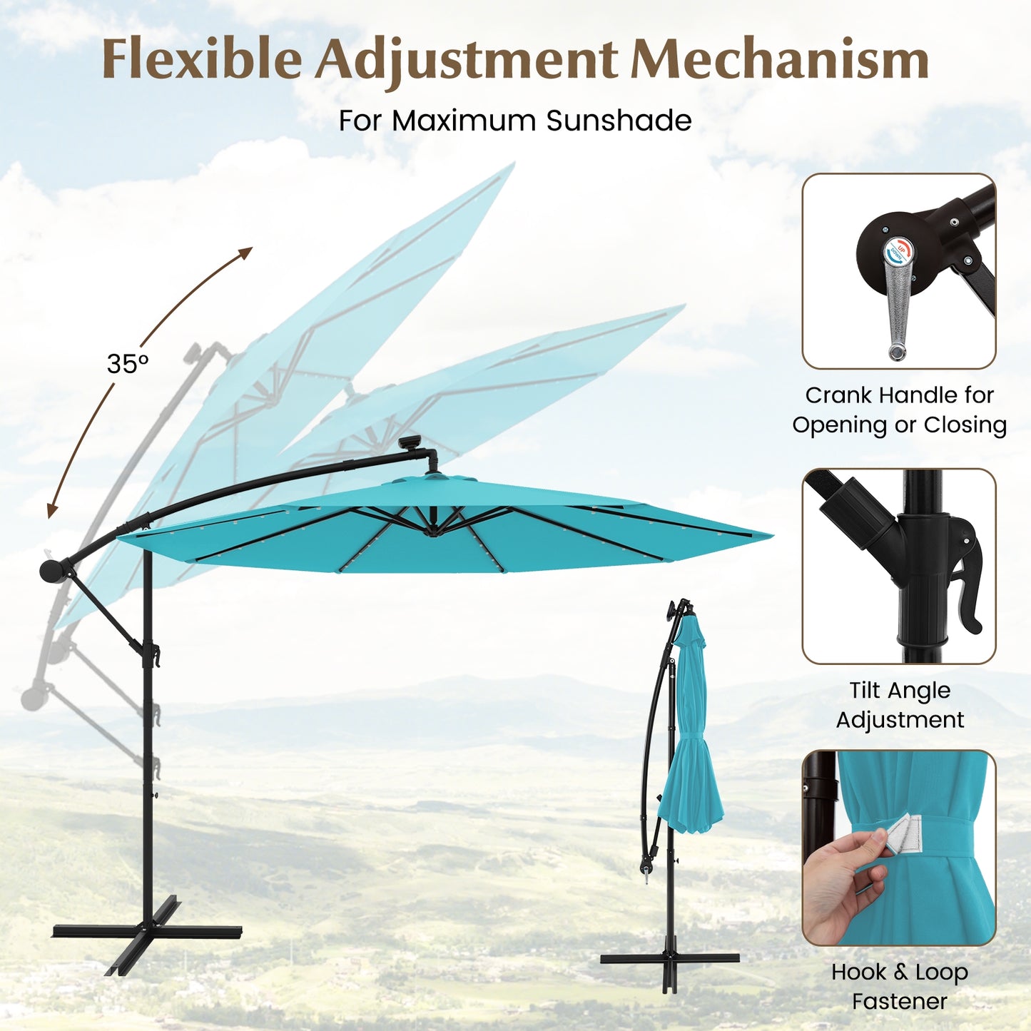 10 Feet Solar LED Offset Umbrella with 40 Lights and Cross Base for Patio, Turquoise Outdoor Umbrellas at Gallery Canada