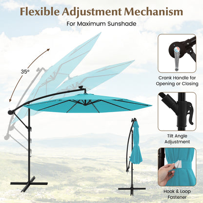 10 Feet Solar LED Offset Umbrella with 40 Lights and Cross Base for Patio, Turquoise Outdoor Umbrellas at Gallery Canada