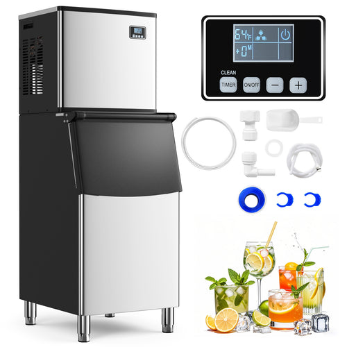 Commercial Ice Maker Machine, 418 LBS/24H, 200 LBS Storage Bin, Silver