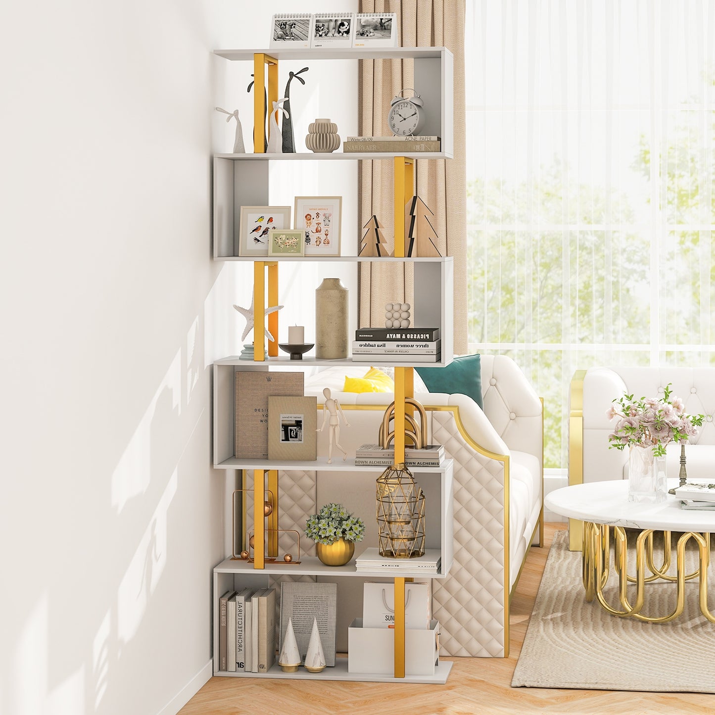 5-Tier/6-Tier Geometric Bookcase with Metal Frame and Anti-tipping Kits-6-Tier, White Bookcases at Gallery Canada