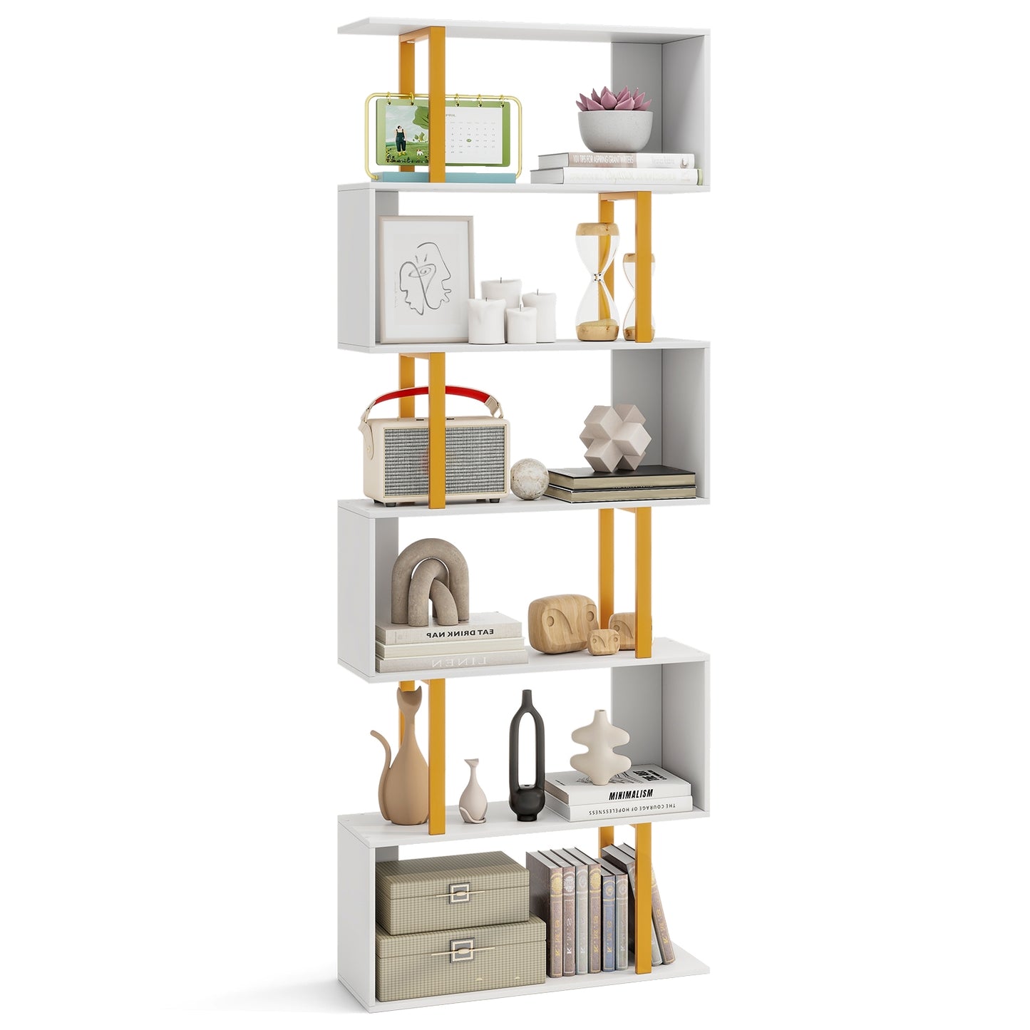 5-Tier/6-Tier Geometric Bookcase with Metal Frame and Anti-tipping Kits-6-Tier, White Bookcases at Gallery Canada
