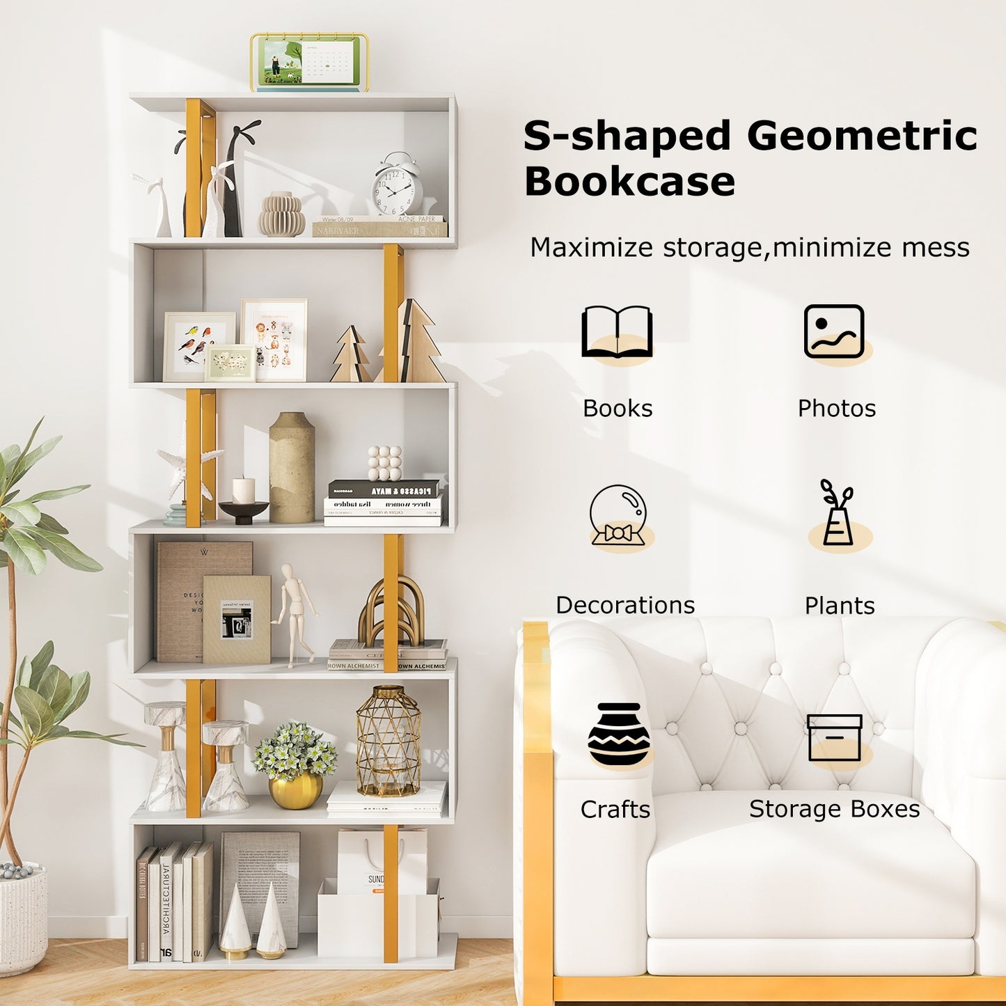 5-Tier/6-Tier Geometric Bookcase with Metal Frame and Anti-tipping Kits-6-Tier, White Bookcases at Gallery Canada