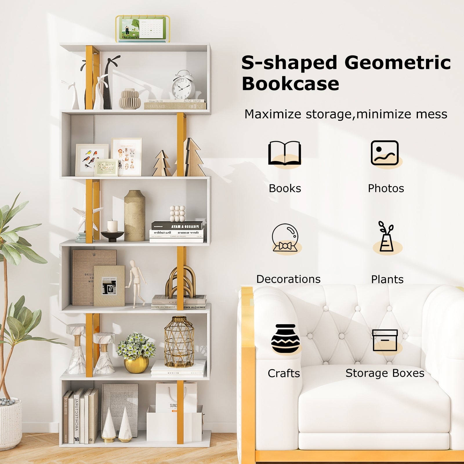 5-Tier/6-Tier Geometric Bookcase with Metal Frame and Anti-tipping Kits-6-Tier, White Bookcases at Gallery Canada