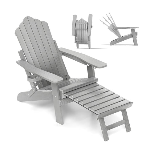 All-Weather HIPS Patio Adirondack Lounge Chair with Retractable Footrest, Gray