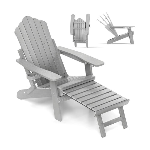 All-Weather HIPS Patio Adirondack Lounge Chair, Retractable Footrest, Gray