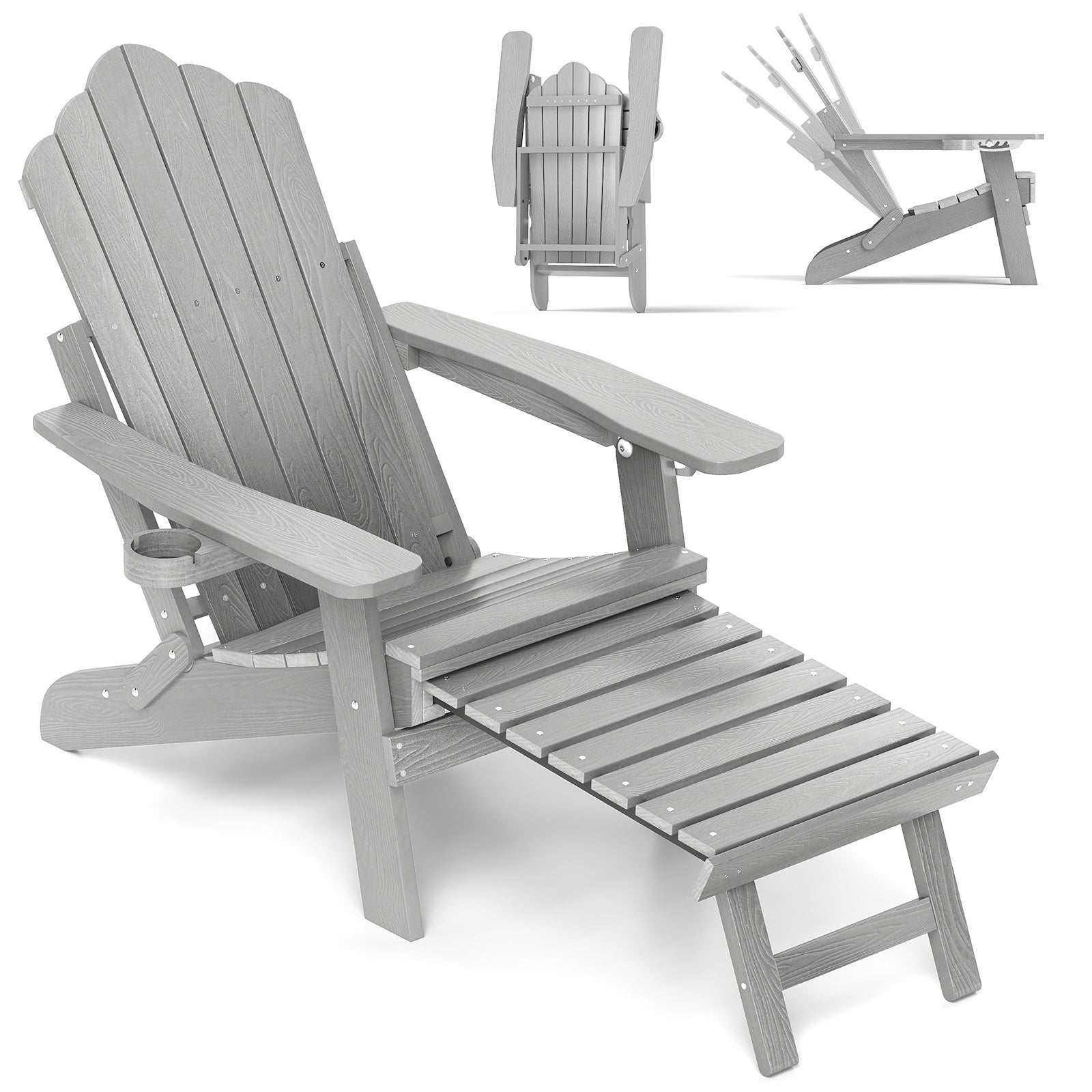 All-Weather HIPS Patio Adirondack Lounge Chair with Retractable Footrest, Gray Adirondack Chairs at Gallery Canada