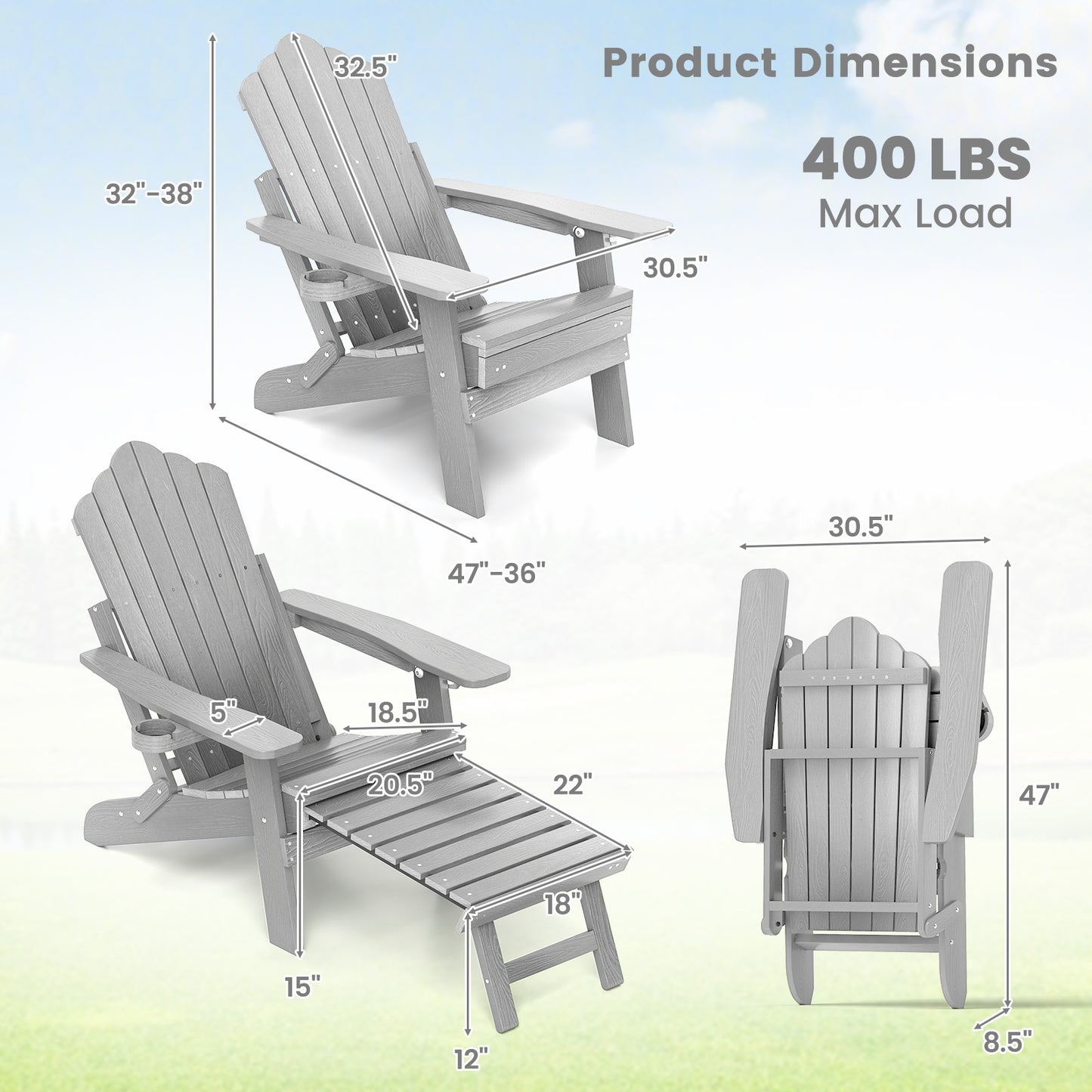 All-Weather HIPS Patio Adirondack Lounge Chair with Retractable Footrest, Gray Adirondack Chairs at Gallery Canada