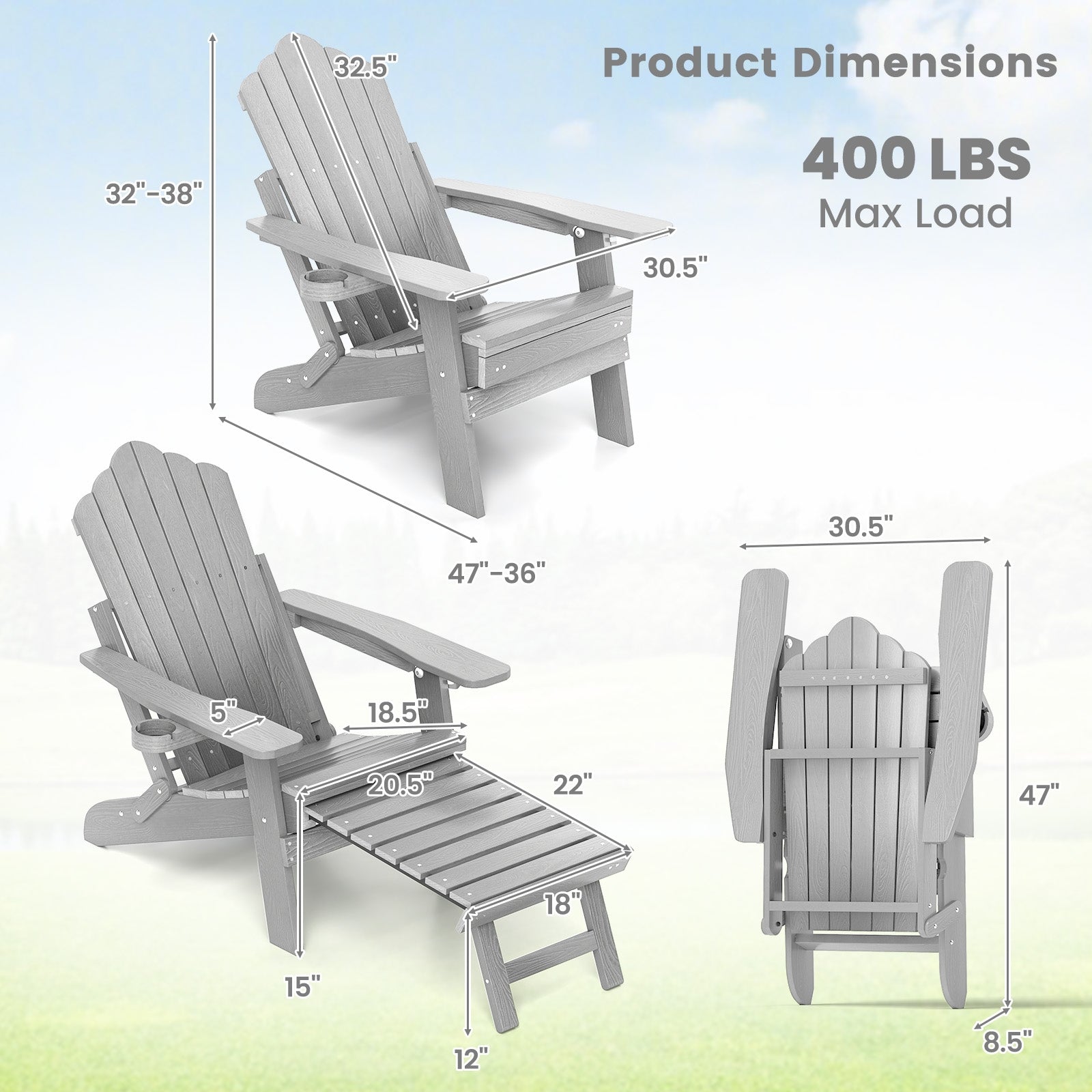 All-Weather HIPS Patio Adirondack Lounge Chair with Retractable Footrest, Gray Adirondack Chairs at Gallery Canada