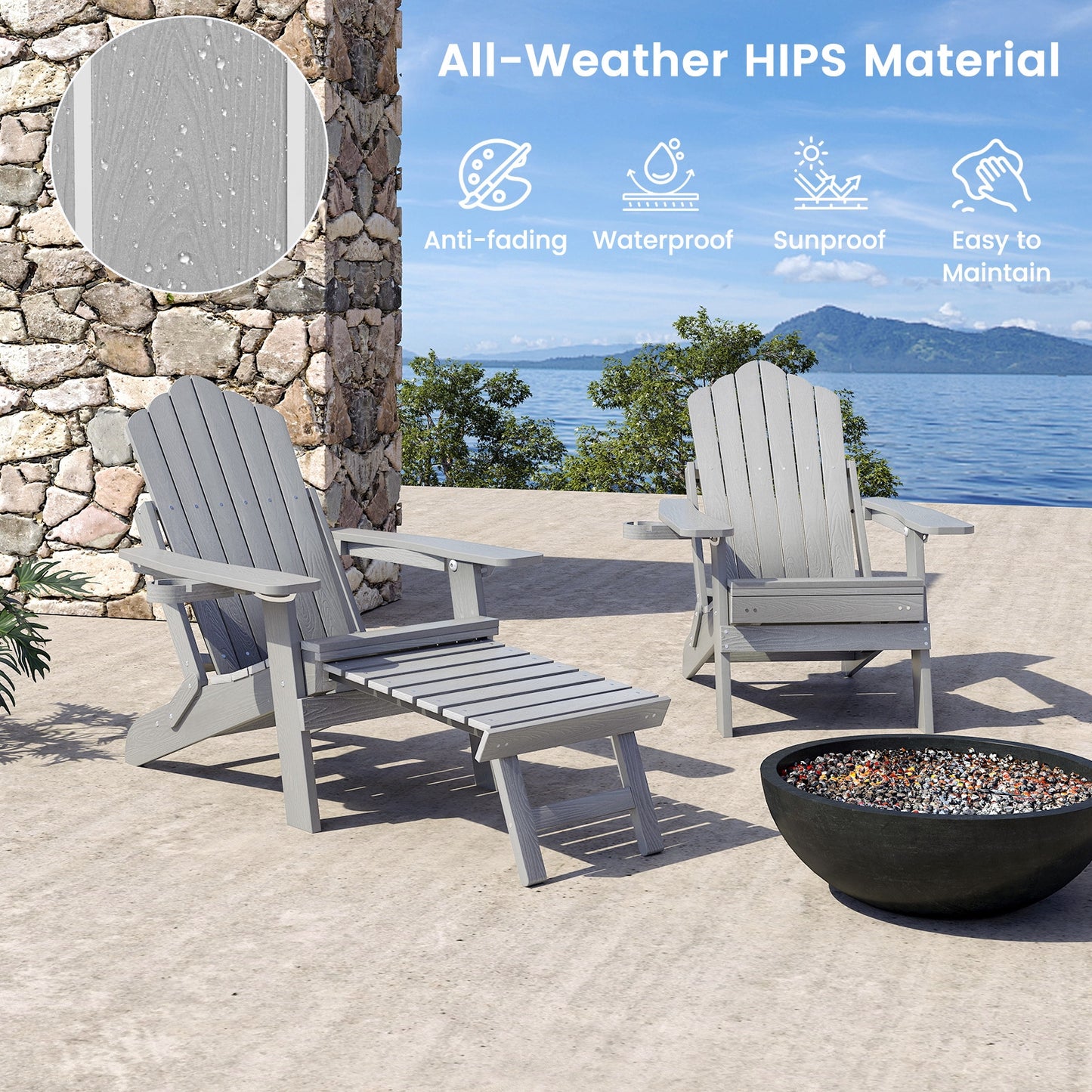 All-Weather HIPS Patio Adirondack Lounge Chair with Retractable Footrest, Gray Adirondack Chairs at Gallery Canada