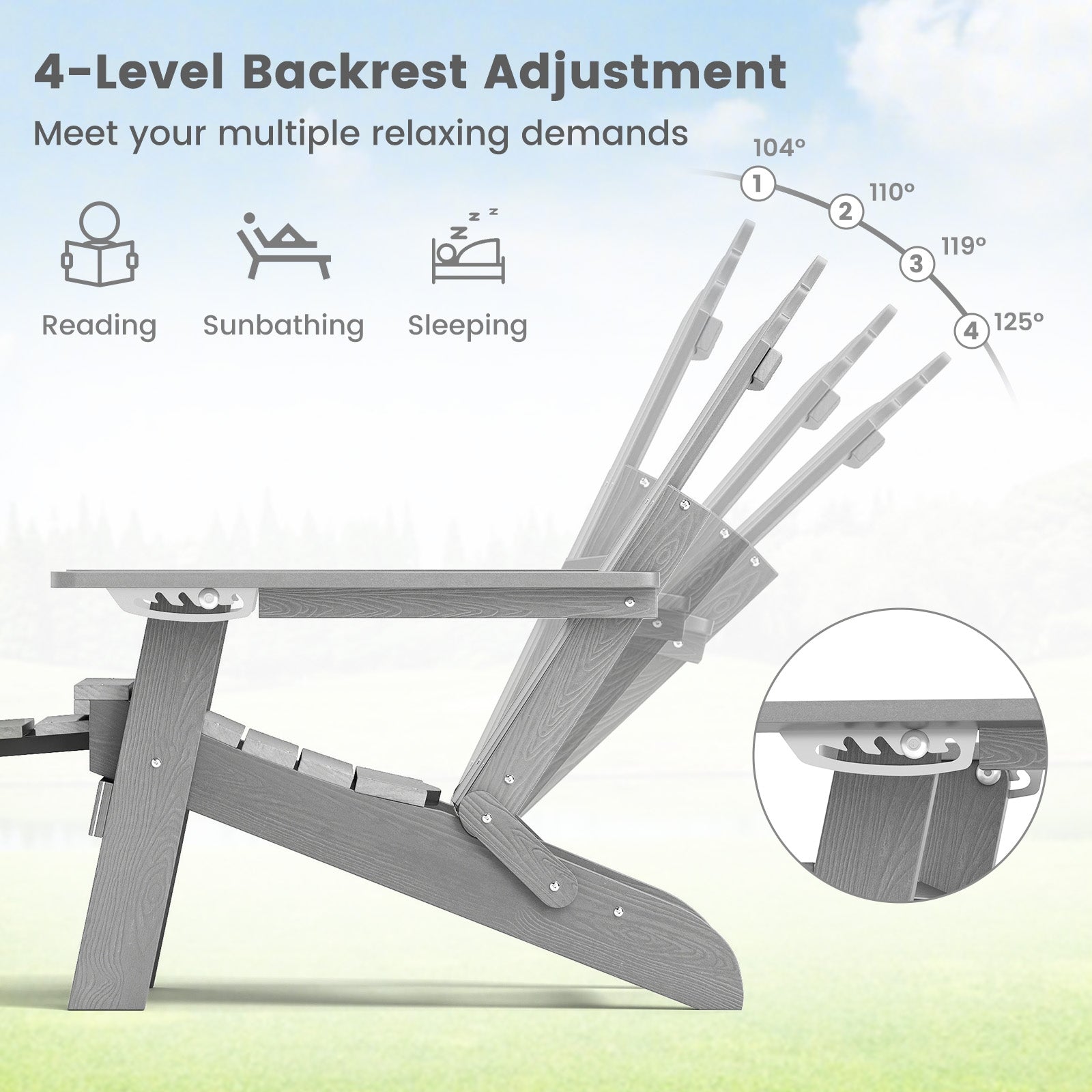 All-Weather HIPS Patio Adirondack Lounge Chair with Retractable Footrest, Gray Adirondack Chairs at Gallery Canada
