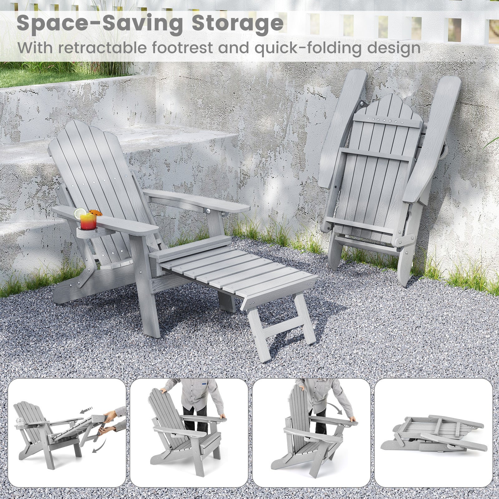 All-Weather HIPS Patio Adirondack Lounge Chair with Retractable Footrest, Gray Adirondack Chairs at Gallery Canada