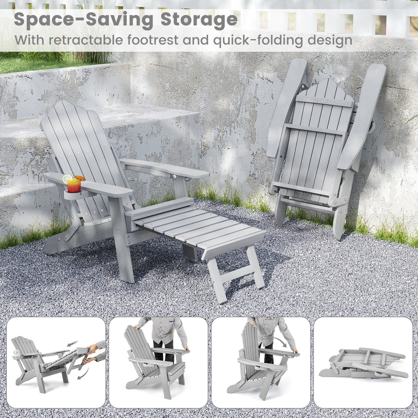 All-Weather HIPS Patio Adirondack Lounge Chair with Retractable Footrest, Gray Adirondack Chairs at Gallery Canada