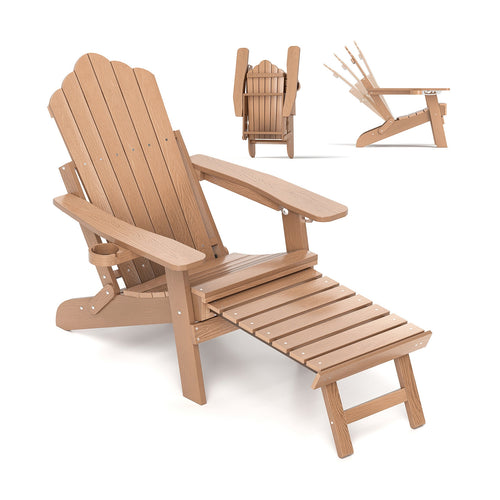 All-Weather HIPS Patio Adirondack Lounge Chair with Retractable Footrest, Coffee