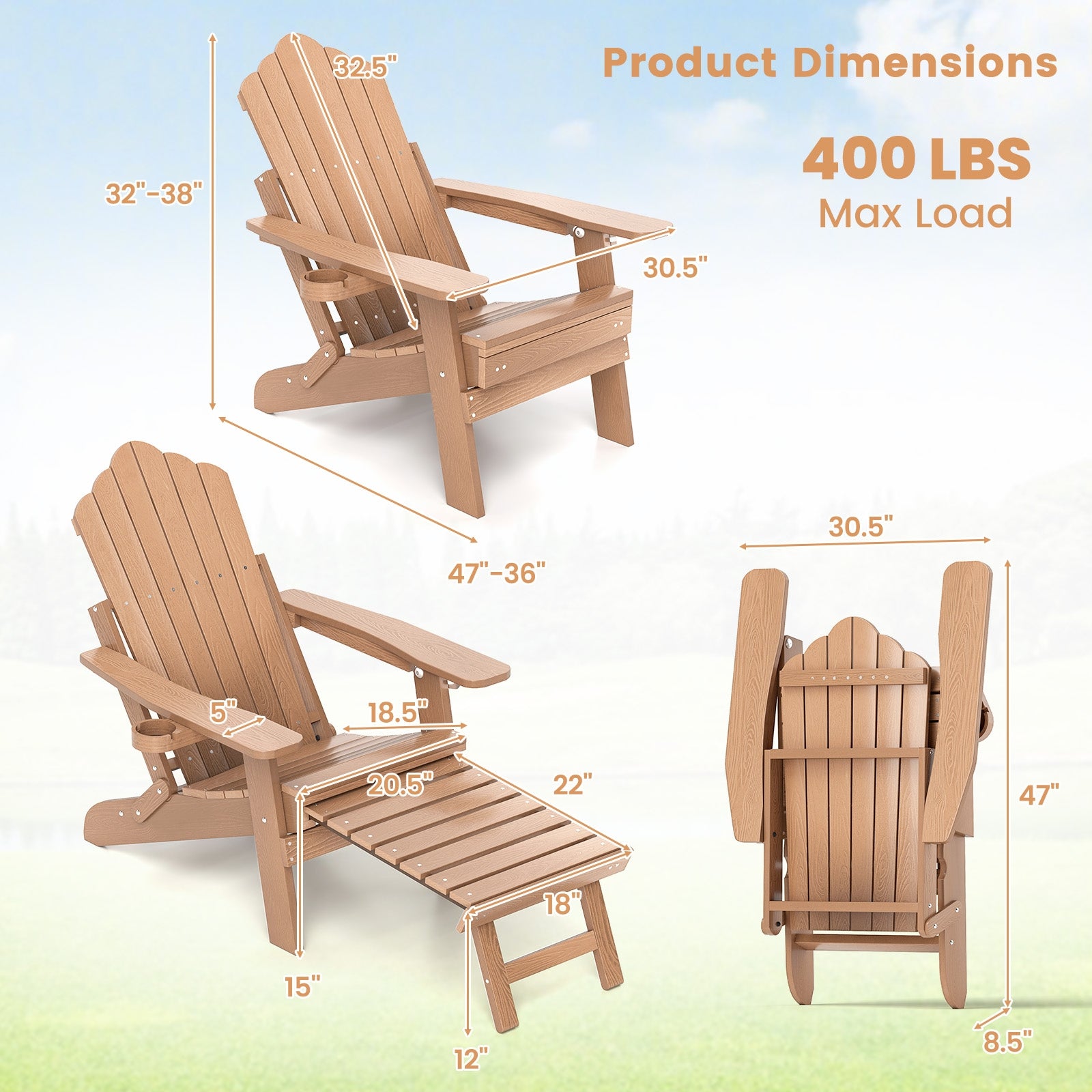 All-Weather HIPS Patio Adirondack Lounge Chair with Retractable Footrest, Coffee Adirondack Chairs at Gallery Canada