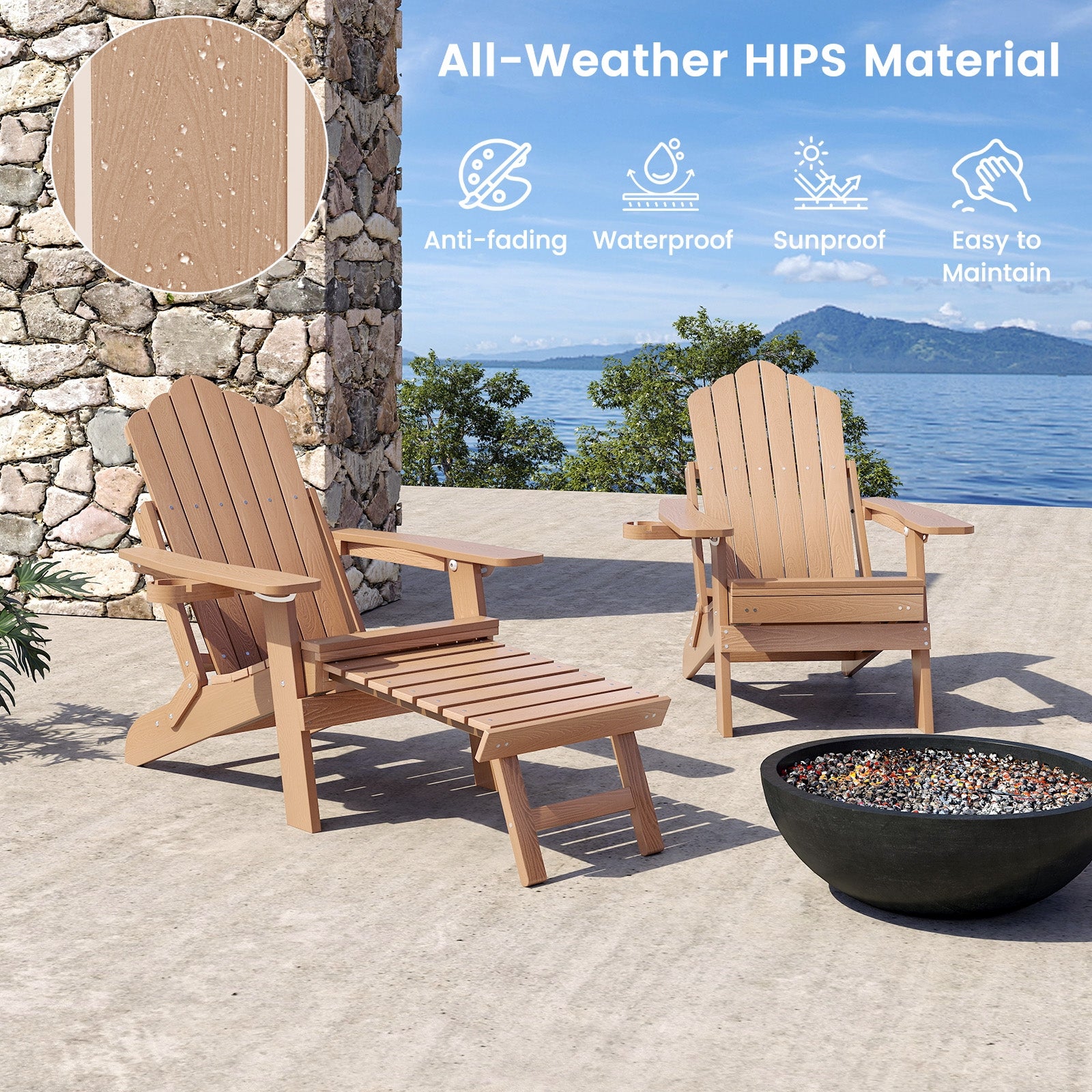 All-Weather HIPS Patio Adirondack Lounge Chair with Retractable Footrest, Coffee Adirondack Chairs at Gallery Canada