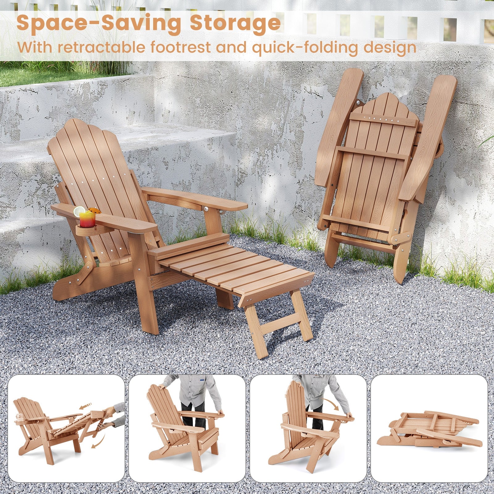 All-Weather HIPS Patio Adirondack Lounge Chair with Retractable Footrest, Coffee Adirondack Chairs at Gallery Canada