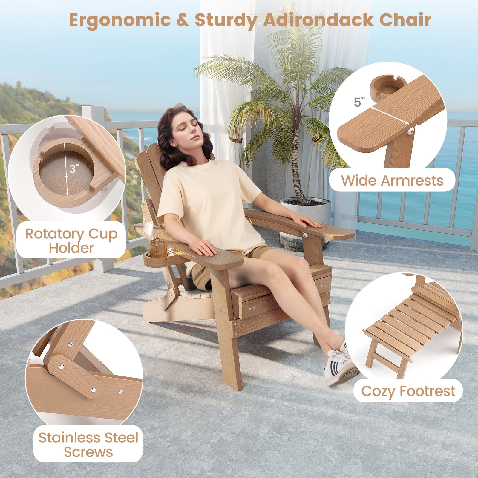 All-Weather HIPS Patio Adirondack Lounge Chair with Retractable Footrest, Coffee Adirondack Chairs at Gallery Canada