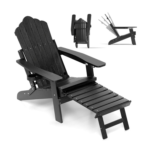 All-Weather HIPS Patio Adirondack Lounge Chair with Retractable Footrest, Black
