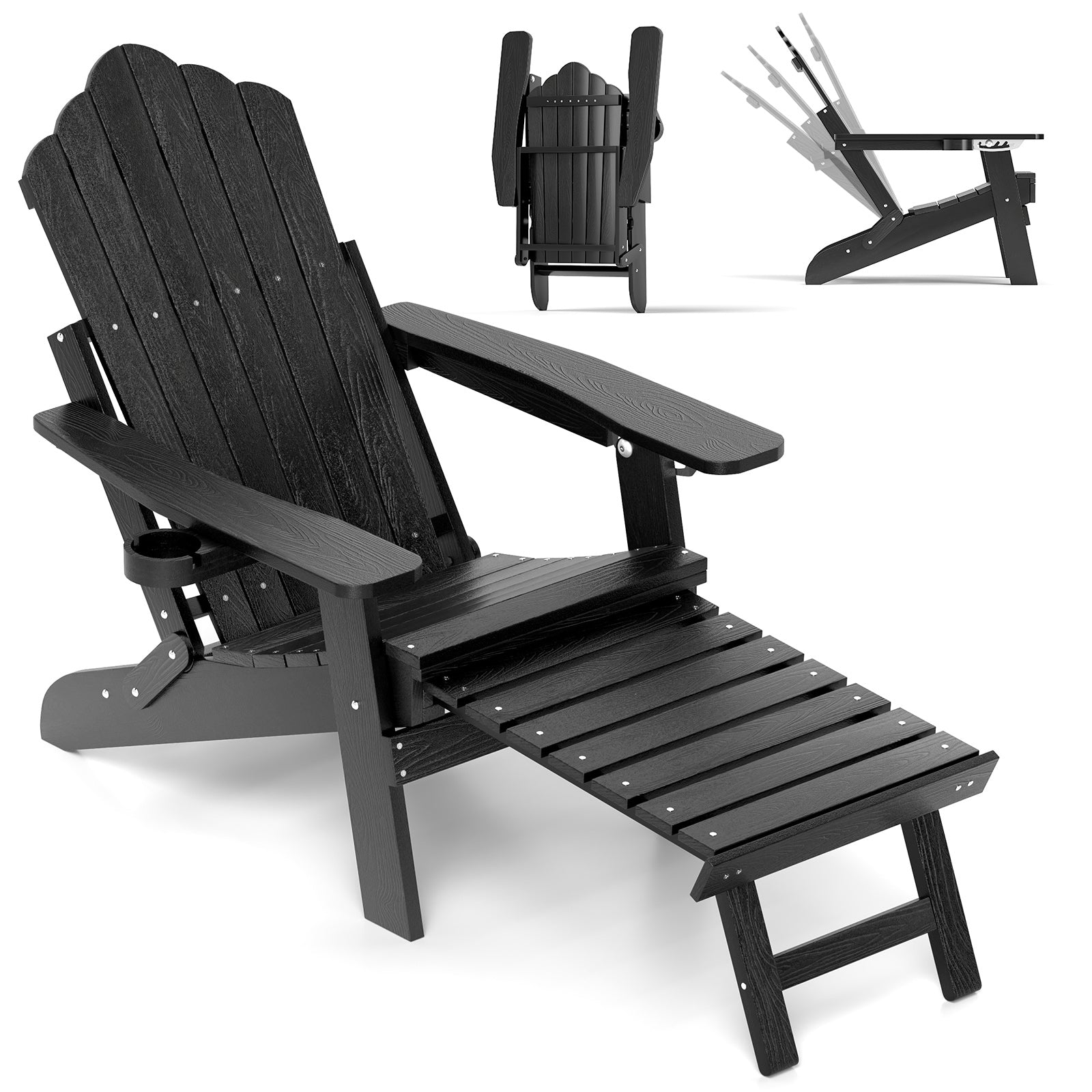 All-Weather HIPS Patio Adirondack Lounge Chair with Retractable Footrest, Black Adirondack Chairs at Gallery Canada
