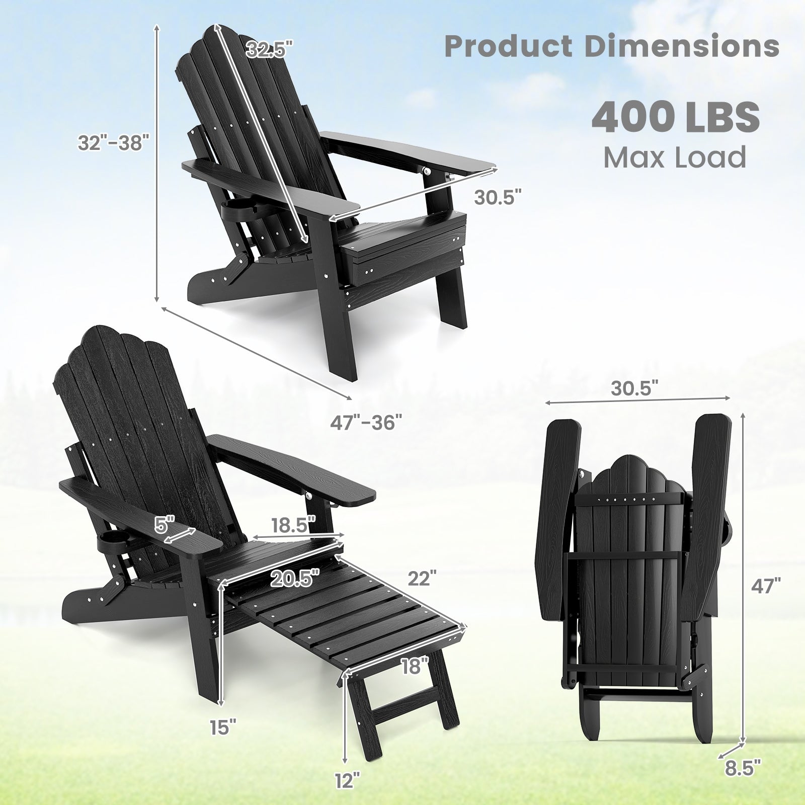 All-Weather HIPS Patio Adirondack Lounge Chair with Retractable Footrest, Black Adirondack Chairs at Gallery Canada