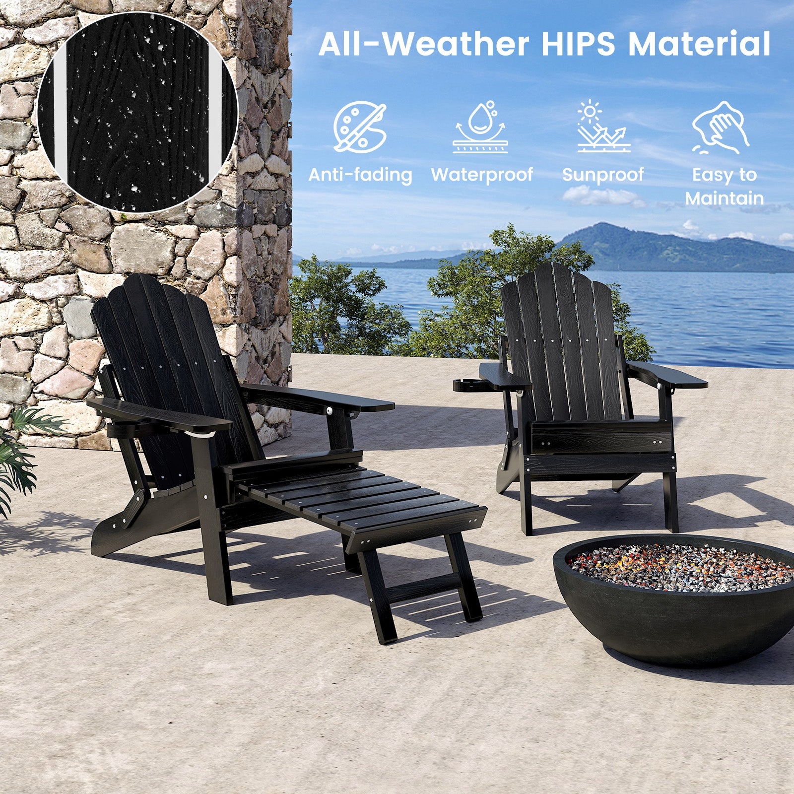 All-Weather HIPS Patio Adirondack Lounge Chair with Retractable Footrest, Black Adirondack Chairs at Gallery Canada