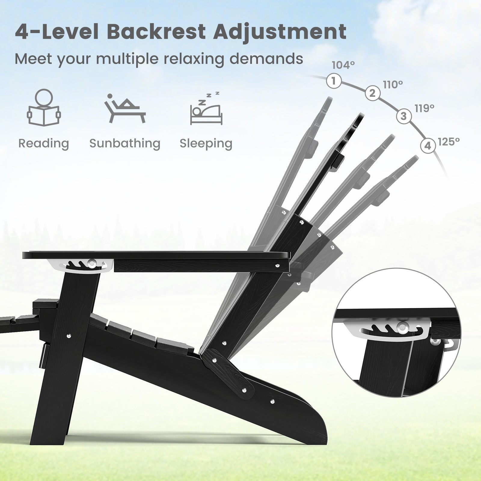 All-Weather HIPS Patio Adirondack Lounge Chair with Retractable Footrest, Black Adirondack Chairs at Gallery Canada