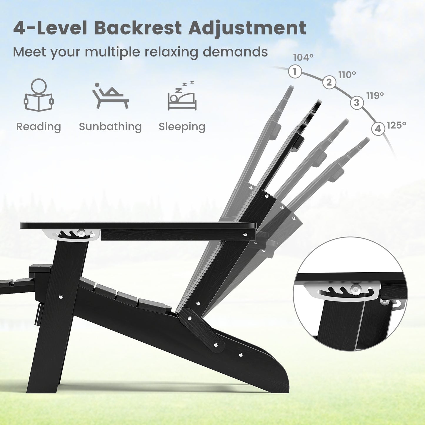 All-Weather HIPS Patio Adirondack Lounge Chair with Retractable Footrest, Black Adirondack Chairs at Gallery Canada