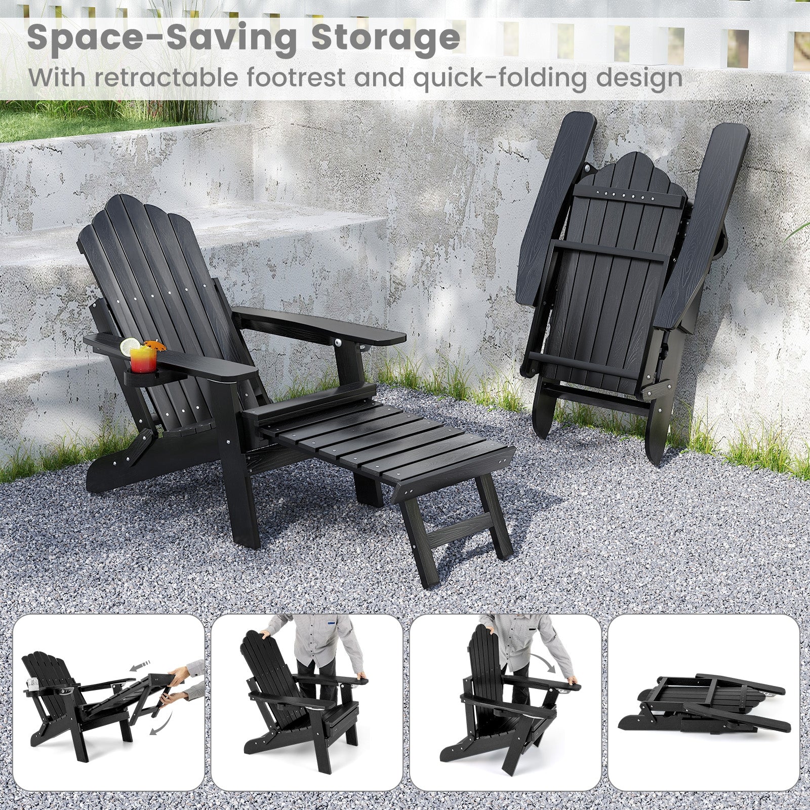 All-Weather HIPS Patio Adirondack Lounge Chair with Retractable Footrest, Black Adirondack Chairs at Gallery Canada