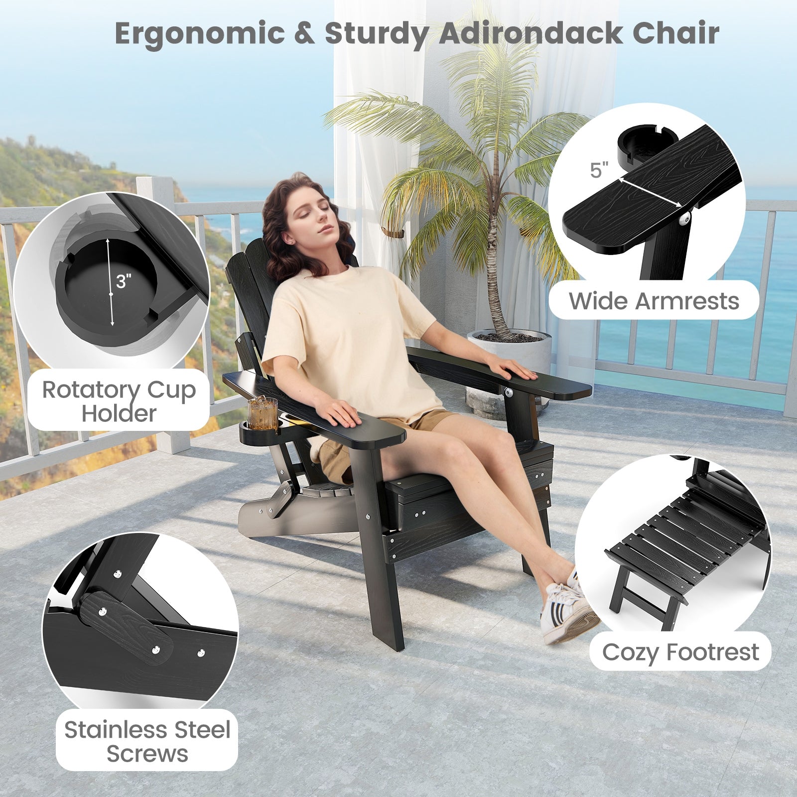 All-Weather HIPS Patio Adirondack Lounge Chair with Retractable Footrest, Black Adirondack Chairs at Gallery Canada