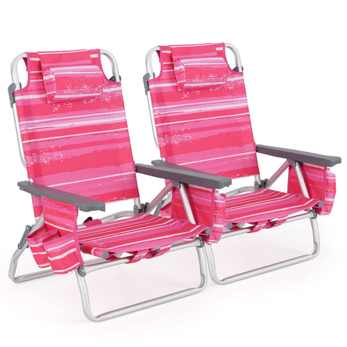 Folding Backpack Beach Chair With Pillow, 2 Pieces, Red & White