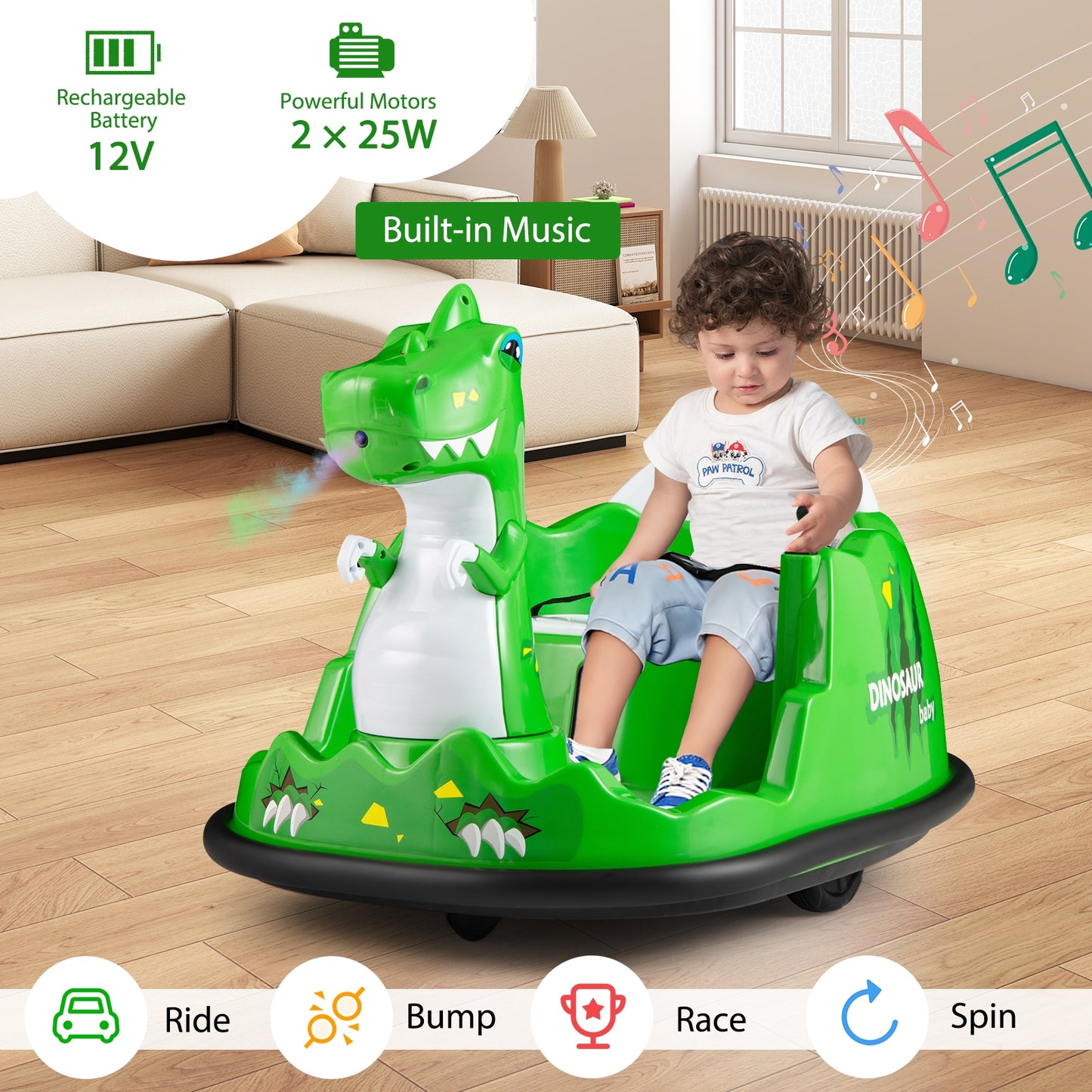 12V Bumper Car with Spray Function and Remote Control for Toddlers Aged 2-5, Green Powered Ride On Toys at Gallery Canada