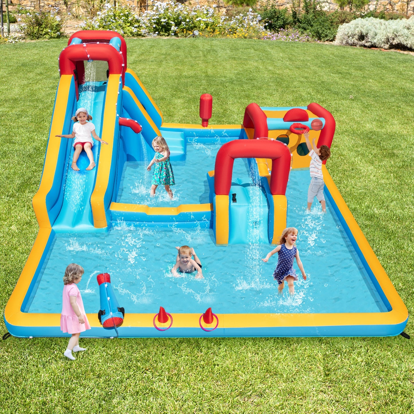 Inflatable Double Water Slide Park 9-in-1 Giant Bounce House Blower Excluded Inflatable Water Slides at Gallery Canada