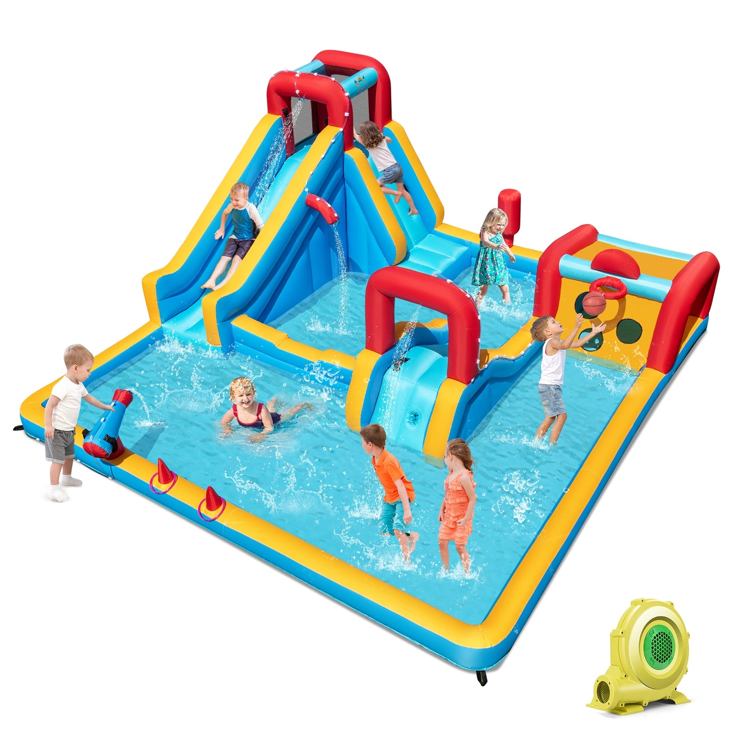 Inflatable Double Water Slide Park 9-in-1 Giant Bounce House 735W Blower Included Inflatable Water Slides at Gallery Canada