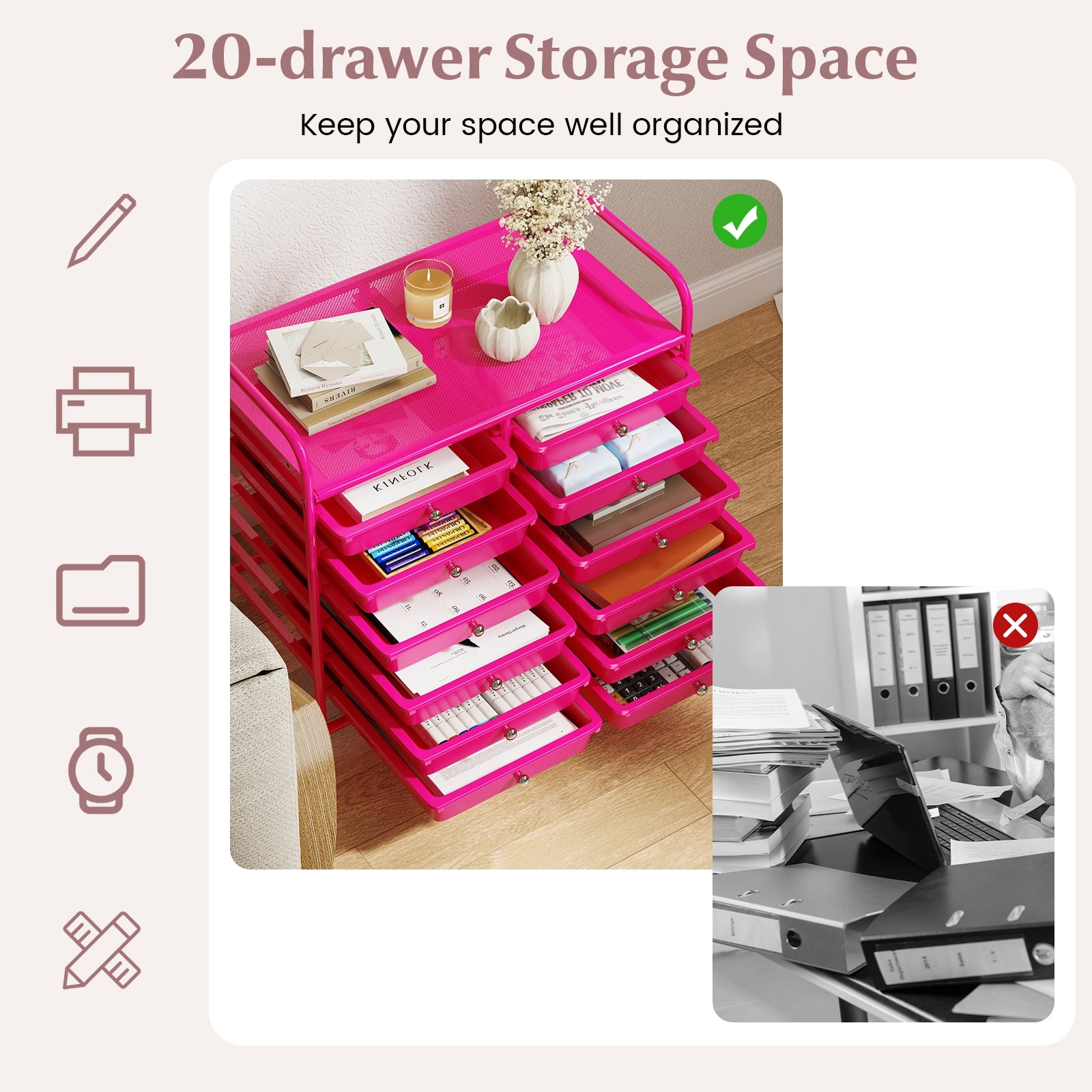 12 Drawers Rolling Storage Cart for Home and Office, Pink File Cabinets at Gallery Canada